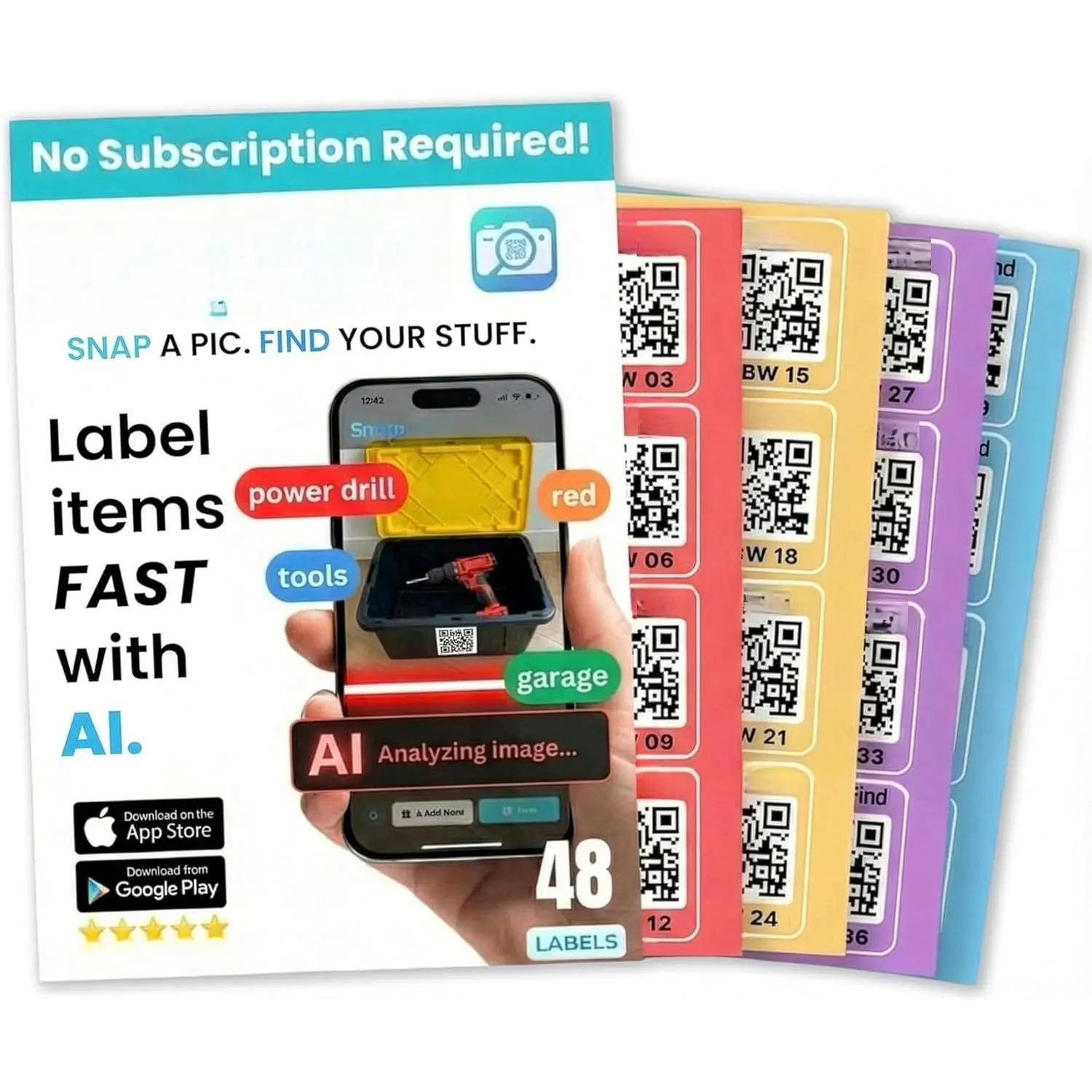QR Code Labels - AI Auto-Labeling, No Typing! Storage Bins & Moving Containers - iOS and Android App - 48 Color-Coded Stickers (2.5" x 2.5")