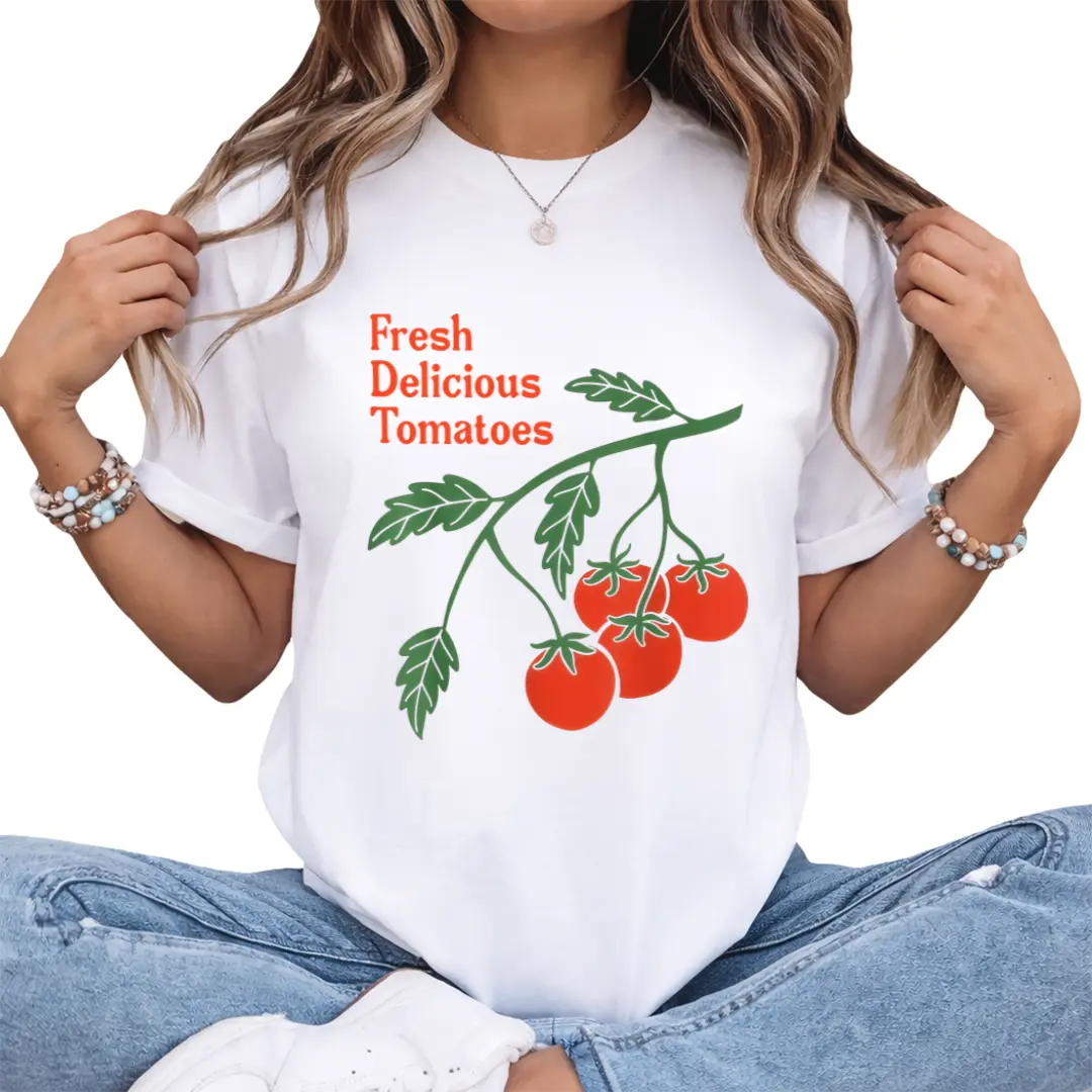 Women's Casual Cotton Printed Round Neck T-Shirt - Fresh Delicious Tomatoes Design for Tomato Lovers, Comfortable Fit