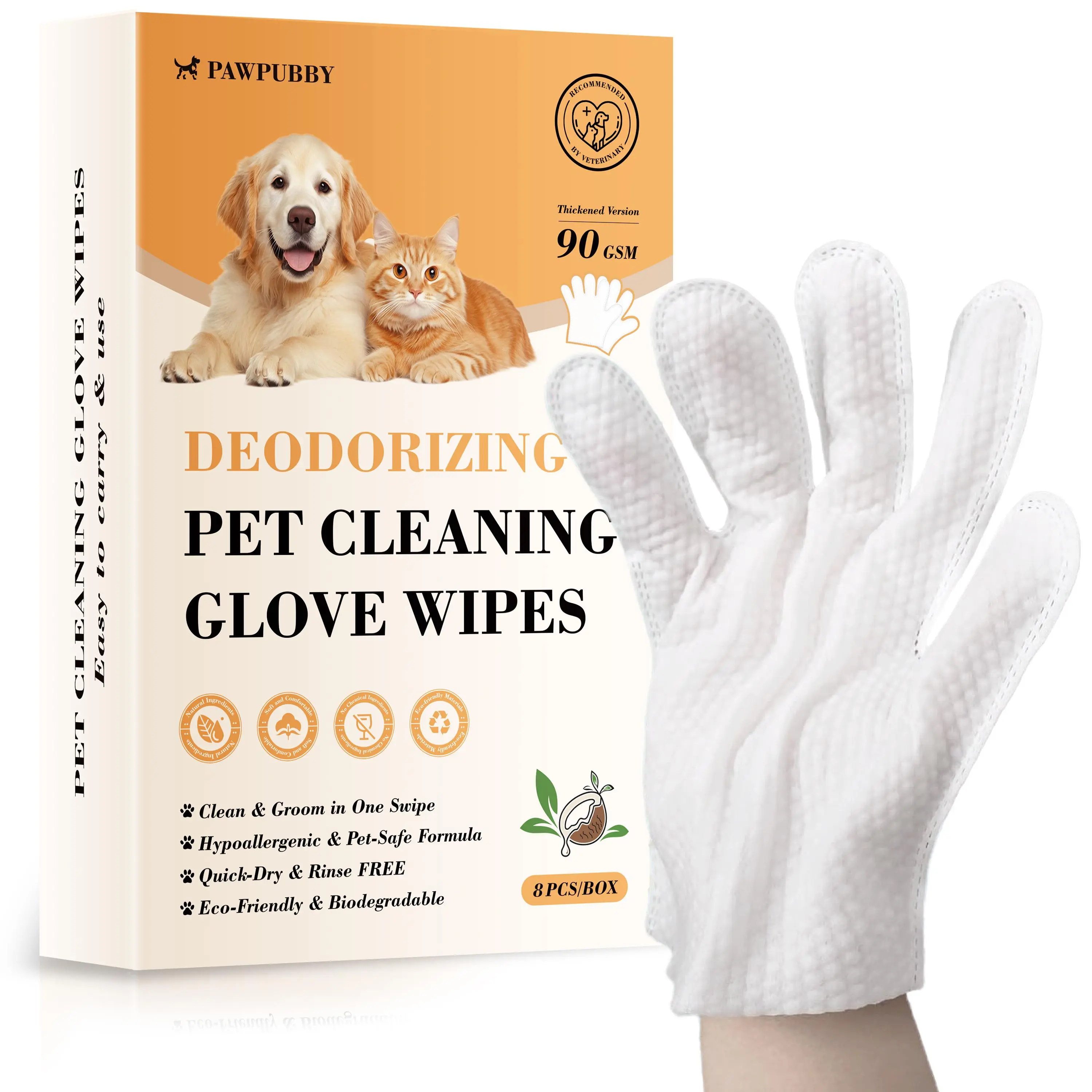 PAWPUBBY Deodorizing Pet Bath Cleaning Glove Wipes - 8-Pack, 90GSM Thick, Hypoallergenic, Gentle Safe Ingredients, Mess-Free Grooming Products for Dogs, Cats