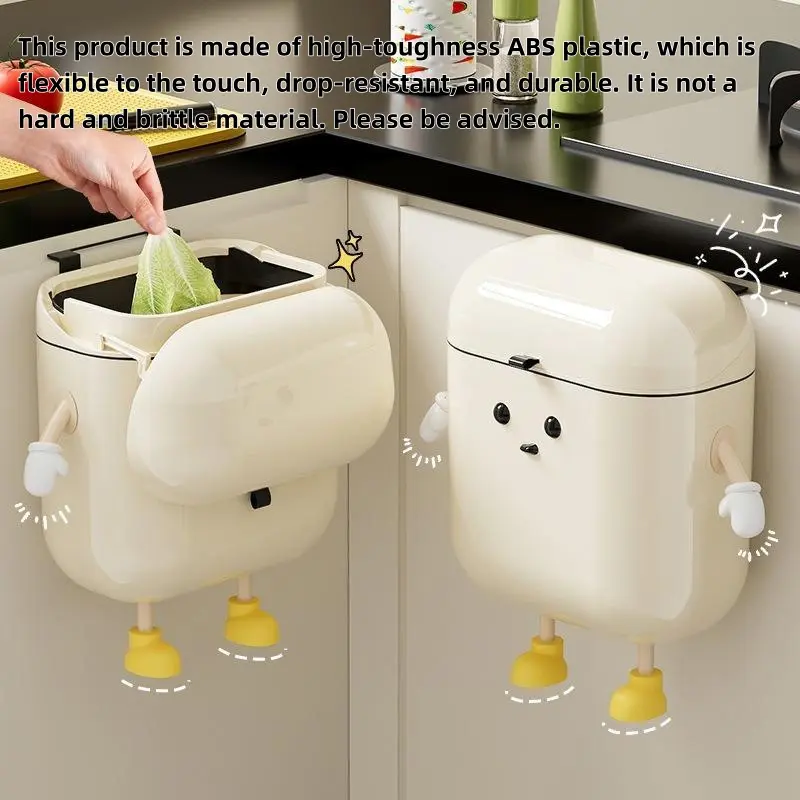 Cartoon Design ABS Hanging Trash Can with Hook - 1 Large Capacity Wall-Mount Bin for Cabinet, Trash Cans for Kitchen, Under Sink Organization, Plastic Storage Basket with Silicone Slide Lid, Smooth Self-Cleaning Feature