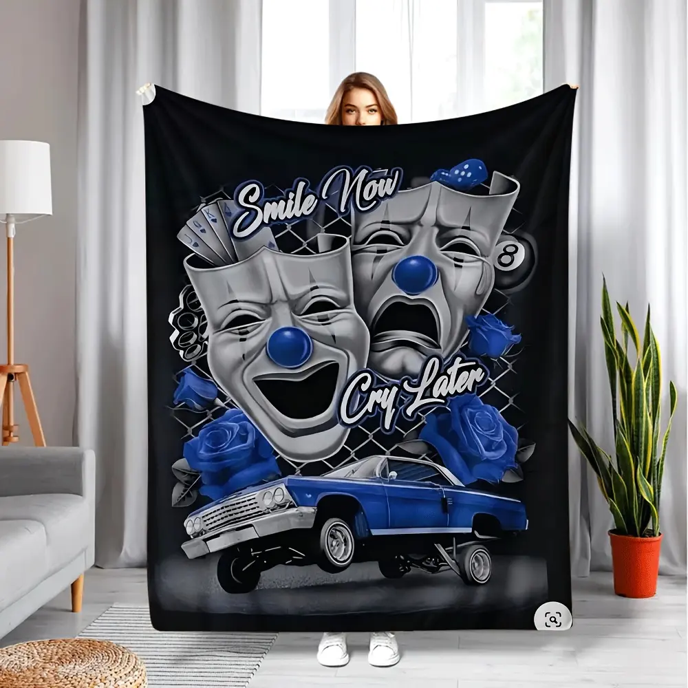 Personalized Cartoon Art Fun Scene Custom Cotton Blanket - Glam Thick Warm, Wrinkle Resistant, Multi-Size Dark Blue/Black Pattern, Machine-Washable, All-Seasons Adult Bedding Throw, Modern Home Room House Decor Bedspread
