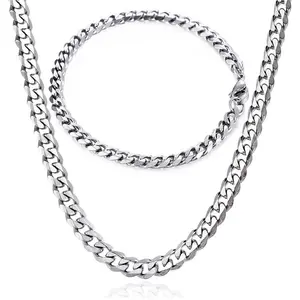 Stainless Steel 5MM Curb Cuban Chain Necklace & Bracelet Set for Men Women Fashionable Durable Jewelry Set