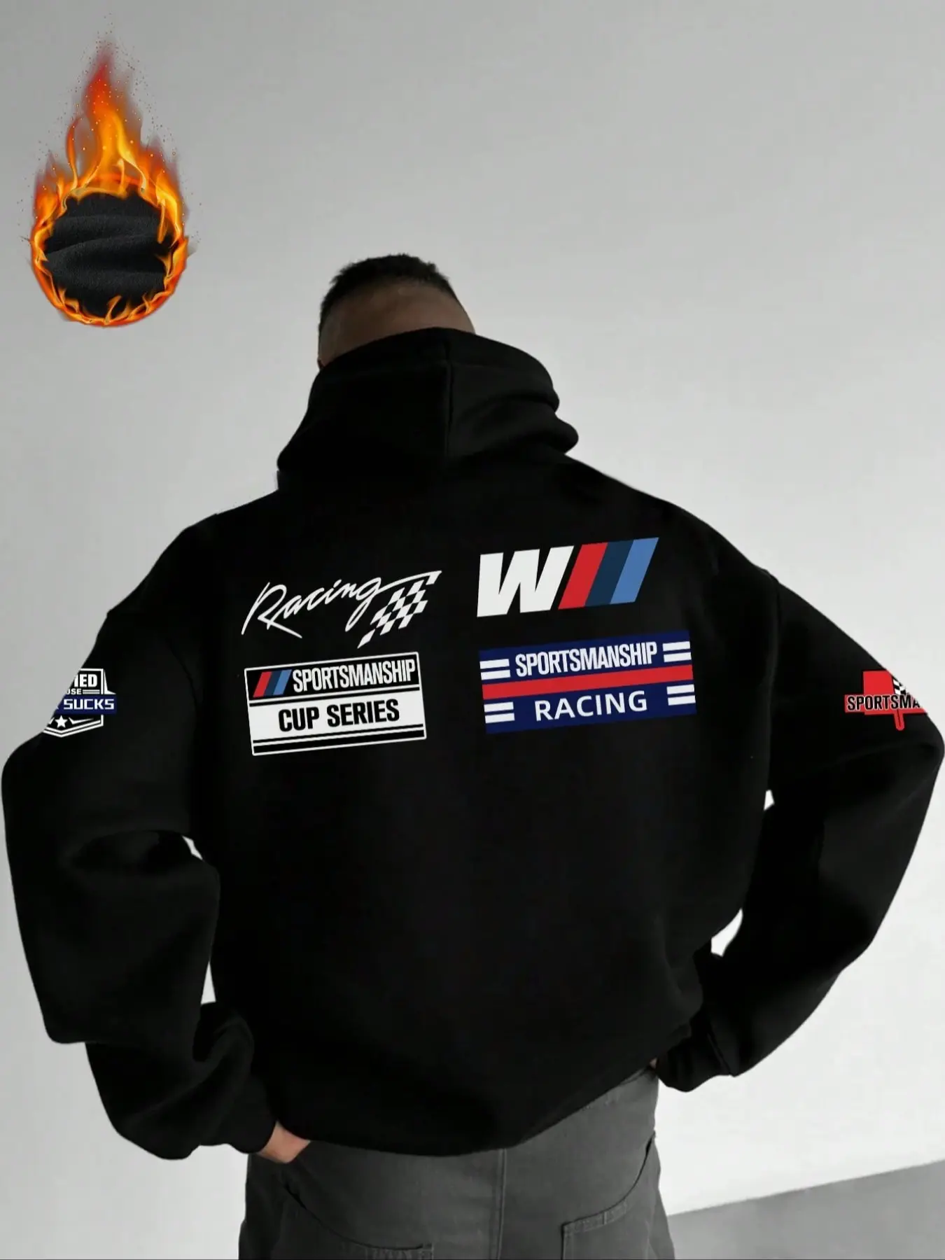 Men's Hooded Sweatshirt Fall & Winter Long Sleeve, Racing Style Pattern, Casual Commuter Wear, Fleece Lined Warm Pullover, Graphic Casual Hoodie