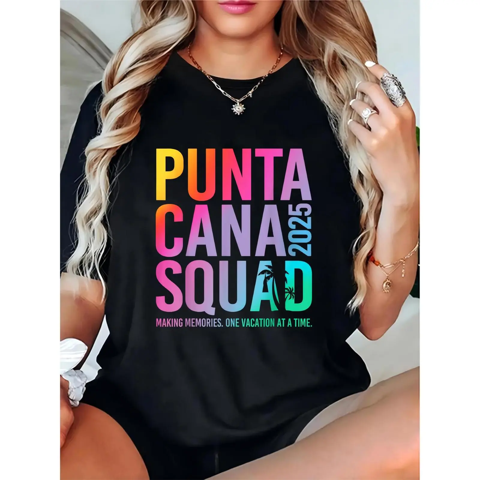 Women’s Punta Cana Squad 2025 T-Shirt, Colorful Gradient Palm Tree Vacation Tee, Group Trip Making Memories Beach Outfit 100% Cotton T-shirt