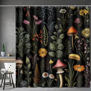 Vintage Dark Cottagecore Mushroom Shower Curtain - Retro Botanical Wildflower Print, Waterproof Fabric Curtain with 12 Hooks | Whimsical Gothic Bathroom Decor #showercurtain #mushroom #cottagecore #vintage #botanical #waterproofcurtain  #gothicdecor