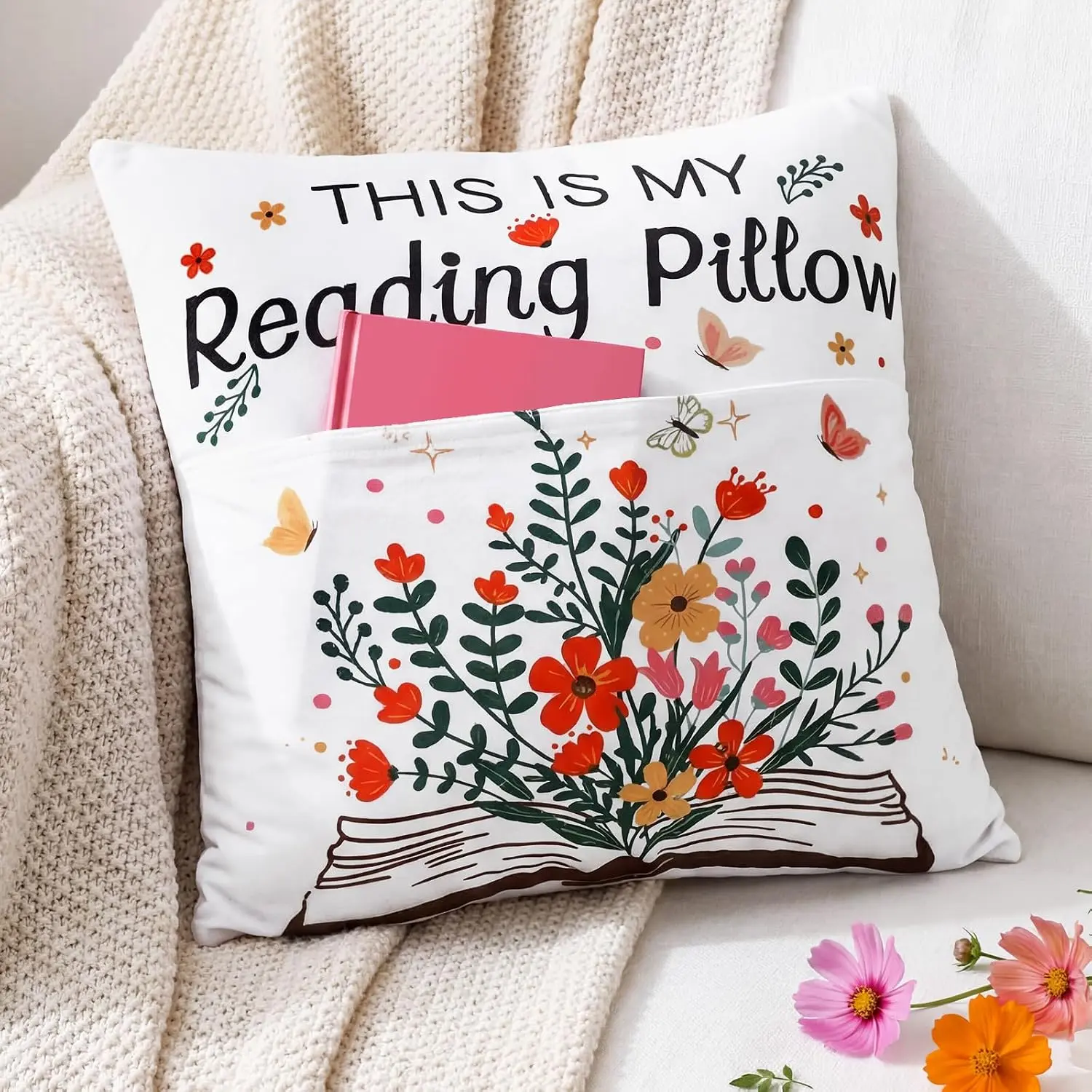 18 x 18 Inch This is My Reading Pillow Classroom Reading Corner Pocket Pillow with Flower Bookish Gifts Cozy Corner for Book Lovers Bookworm Librarian Gifts for Office Sofa Couch