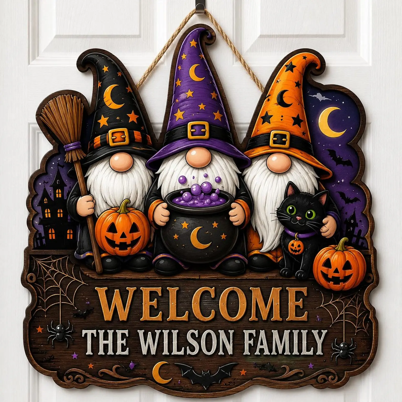 Custom Halloween Gnome Wooden Door Sign, Personalized Family Name Welcome Sign, Cute Witch Gnome Cauldron Front Door Decor, Fall Halloween Gift Halloween Home Decor- TrendyGiftUSA