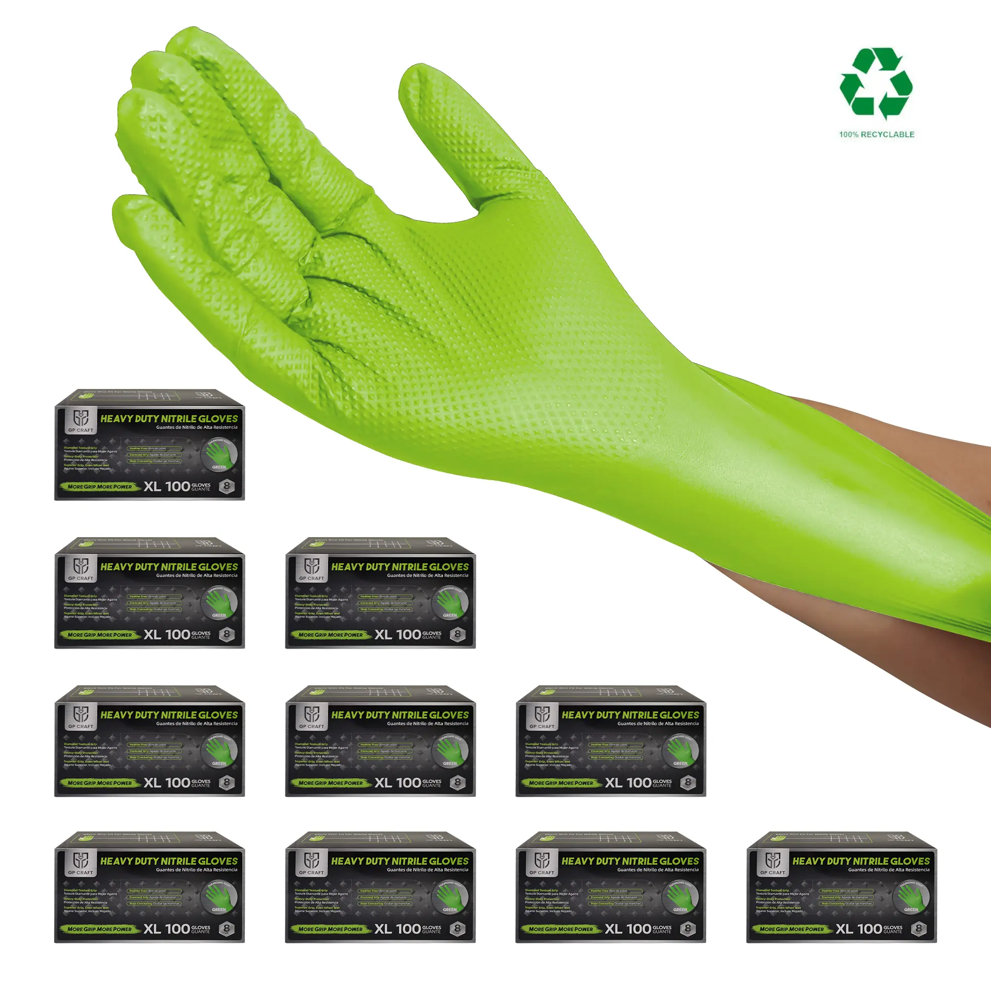 GP Craft 8Mil Thick Green Diamond Textured Heavy Duty Nitrile Rubber Gloves - 100pcs Box, Waterproof, Abrasive Resistant, Grippy, Work Gloves for Automotive, Sink Cleaning, Desk