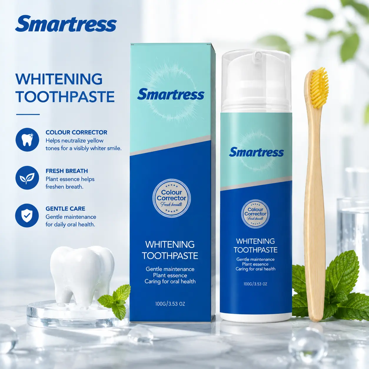 Smartress Purple Color Correcting Toothpaste 100g, Whitening Formula for Fresh Breath & Brighter Smile, Gentle Daily Oral Care with Press Pump Design, Includes Bamboo Toothbrush for Adults