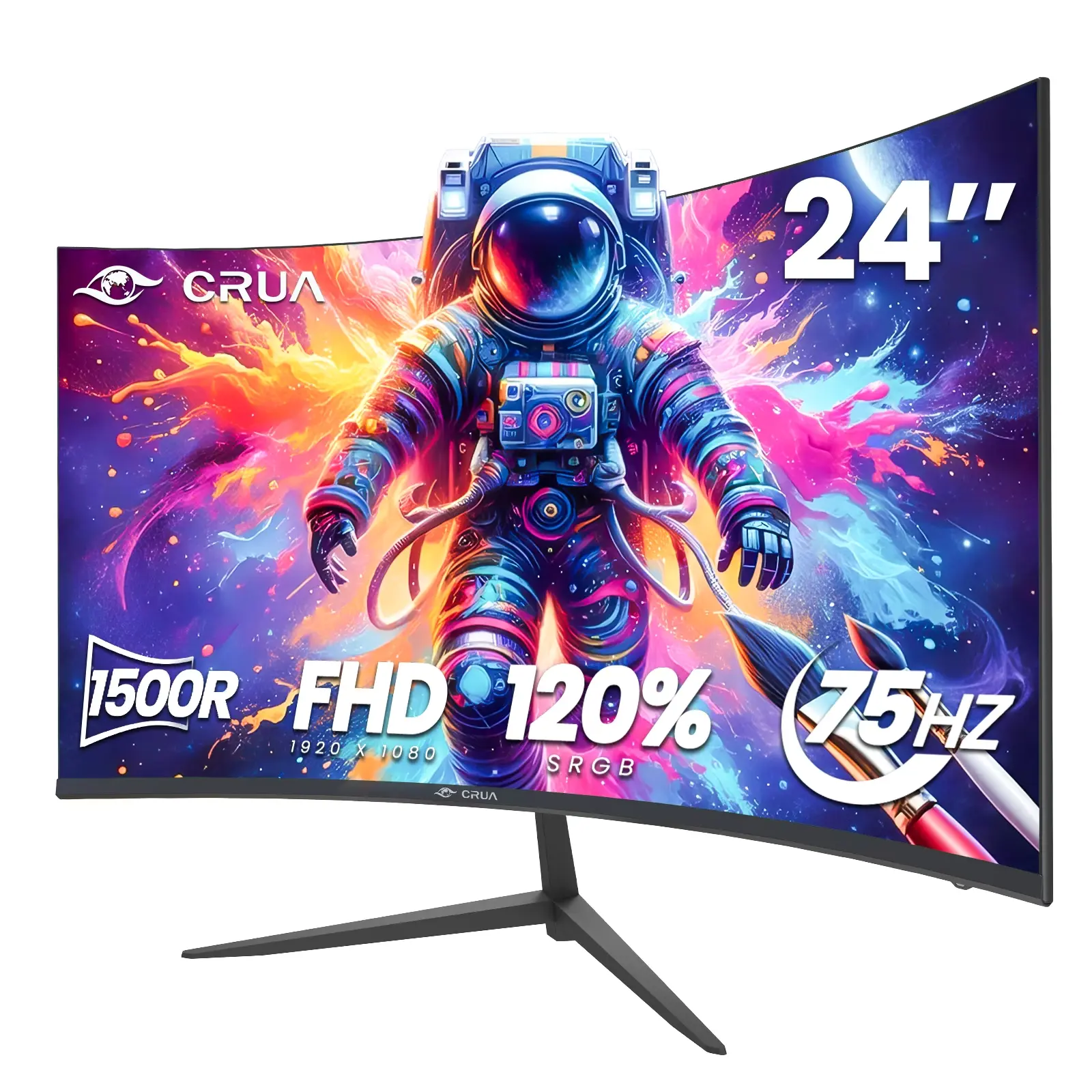 CRUA 24-inch 75HZ Curved Mnitor Built in Speakers, computer monitor1500R, FHD 1920×1080,HDMI/DP/Audio, Supports 75×75mm Wall Mount, Black