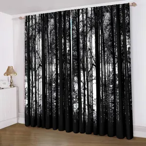 Black Forest Pattern Curtain, 2 Counts/set Modern Home Decorative Curtain, Window Curtain for Home Living Room Bedroom Office Kitchen