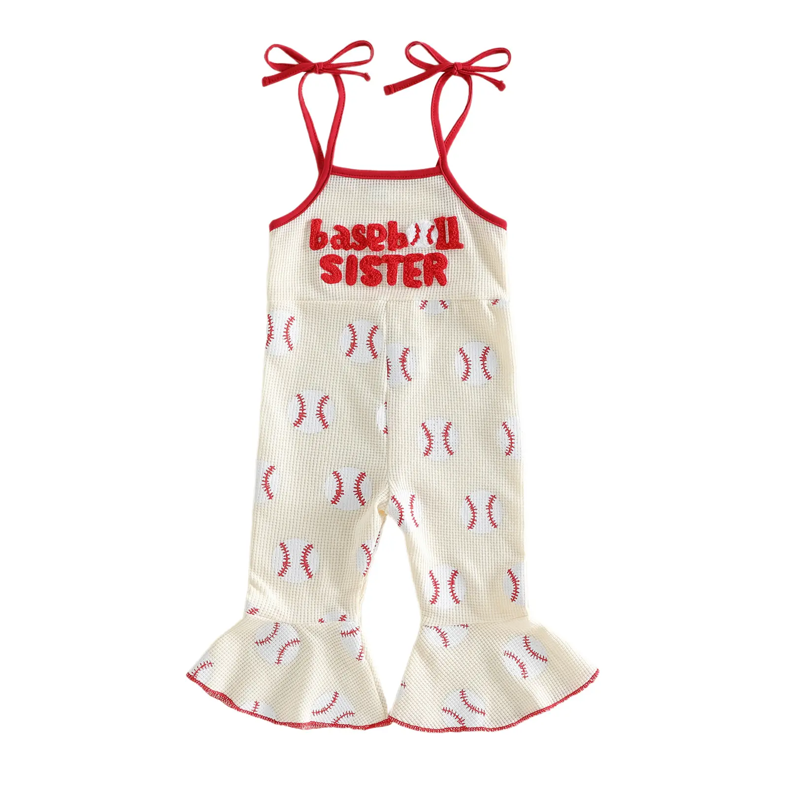Babamoon Toddler Baby Girls Romper Cute Letter Baseball Sister Embroidery Sleeveless Square Neck Bell Bottoms Jumpsuit Holiday Overalls Jumpsuit 6M-3Y