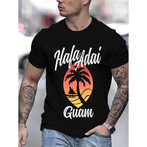 Men'S & Women'S Hafa Adai Guam Tropical Palm Tree Graphic T-Shirt - Soft Breathable Retro Vintage Short Sleeve Round Neck Tee with Hawaiian-Inspired Print, Lightweight Casual Summer Shirt for Beachwear graphic tee men's t shirts funny graphic tee