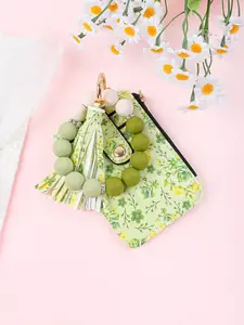 Floral Wristlet Keychain Card Holder, PU Leather with Card Slot and Zipper Pocket, Multifunctional Beaded Keychain, Perfect Mother's Day Gift, Floral Pattern Keychain