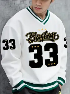 Men's V Neck Graphic Sweatshirt, Preppy Style, Fitted Design, Moderate Stretch, All Season Wear, Perfect Layering Piece