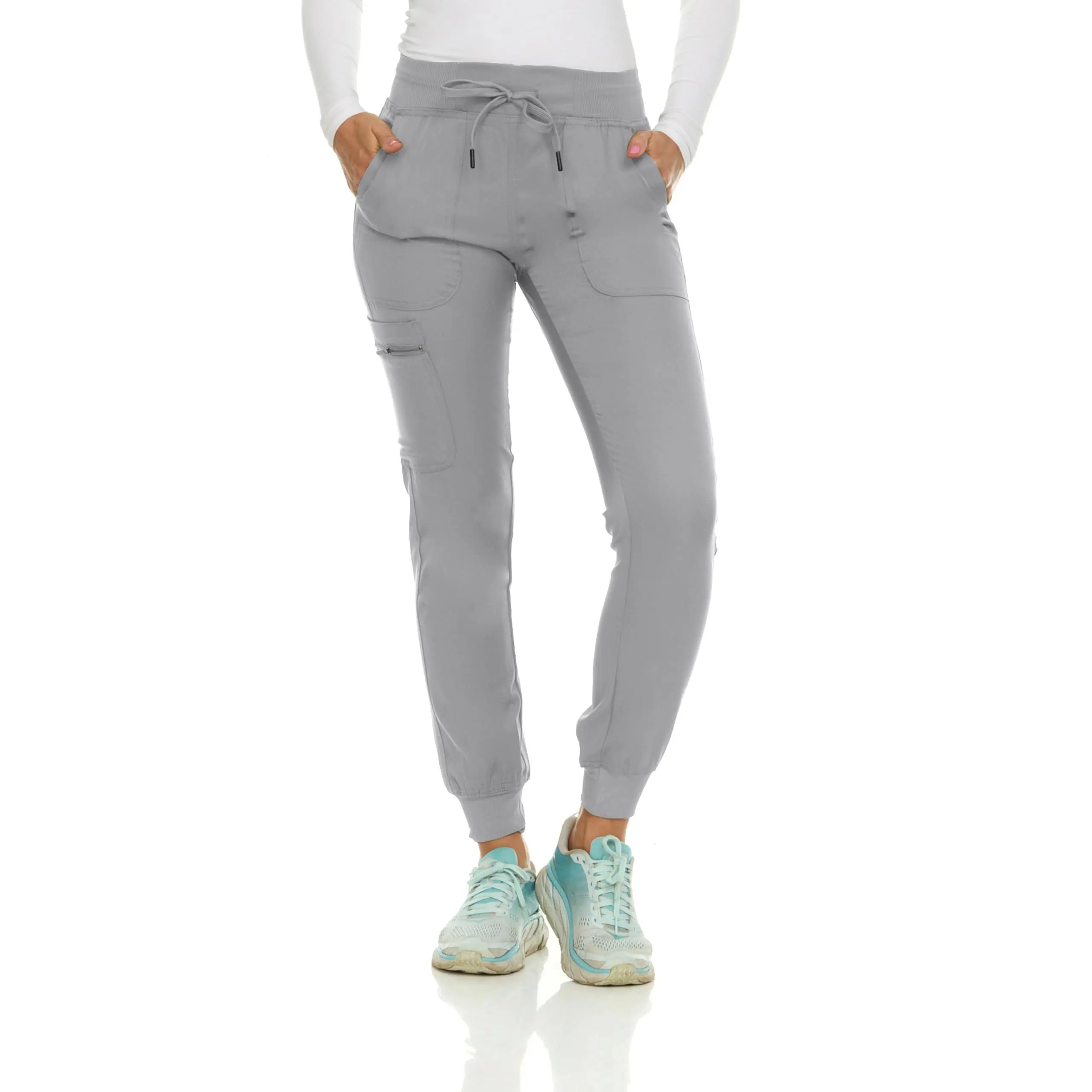 MediChic Medical Nursing Ribbed Scrub Joggers for Women - Stretch Jogger Scrub Knit Waist Bottoms with 6 Pockets, Easy Care Grey