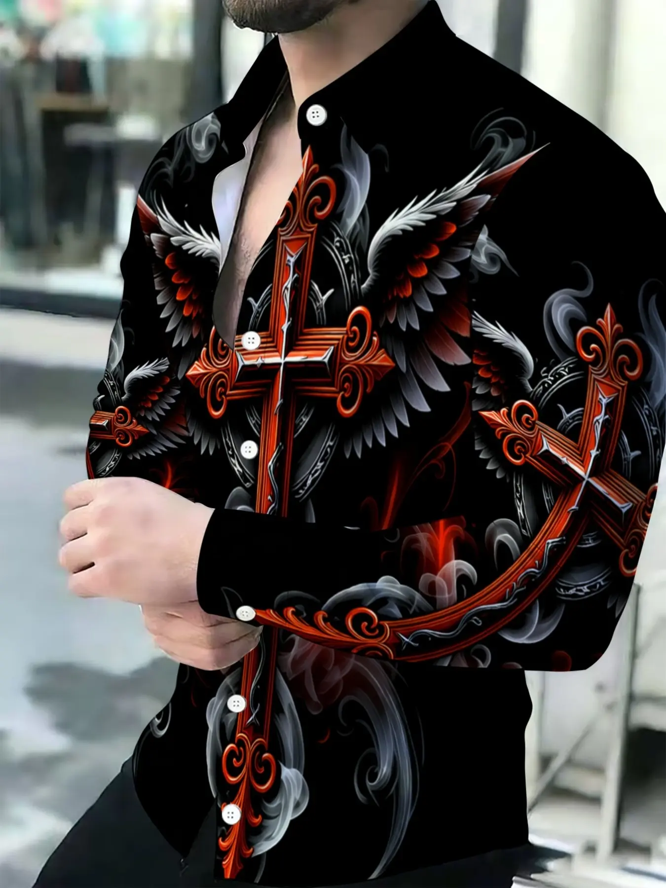 Men's Long Sleeve Lapel Shirt, Breathable, Gothic Black Red Cross Wings Smoke Print