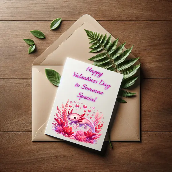 Axolotl Swimming in Valentines Plants - Valentine's Day Card with Artist Designed Unique Design and Heart Theme