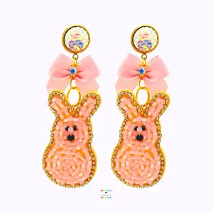 Beaded Bunny Mermaid Scale Coquette Bow  Earrings / Iridescent Rhinestone Bunny Dangle Earrings / Easter Bunny Earrings / Spring Fashion Earrings
