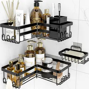 Corner Shower Caddy, 3 Pack Adhesive Bathroom Accessories with Soap Holder, Storage Stainless Shower Organizer Shelf with Hooks, No Drilling Shower Shelves for Bathroom, Dorm and Kitchen
