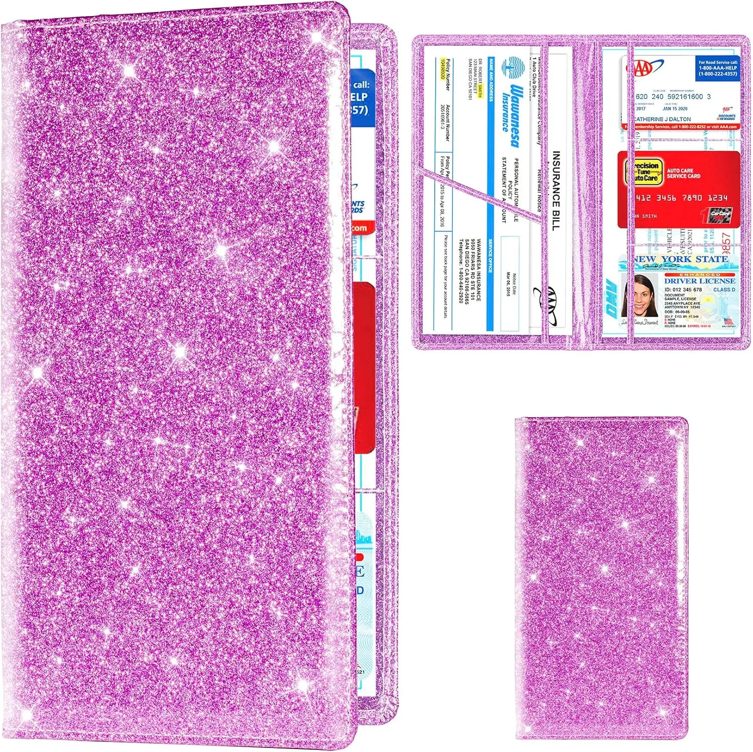 Bling Premium PU Leather Car Registration & Insurance Holder - PVC Car Interior Stowing Accessory with Magnetic Close, Transparent Slots for Driver License, Cards & Essential Document Storage (Purple)