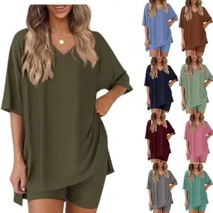 Women's Casual 2-Piece Loungewear Set: Oversized V-Neck T-Shirt & Biker Shorts Outfit