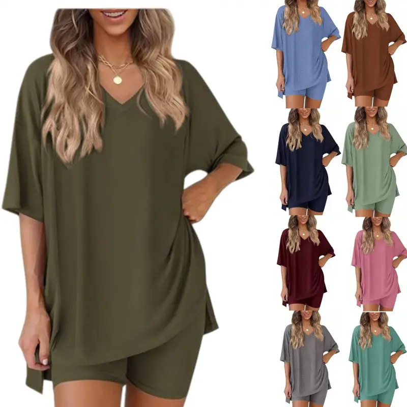 Women's Casual 2-Piece Loungewear Set: Oversized V-Neck T-Shirt & Biker Shorts Outfit