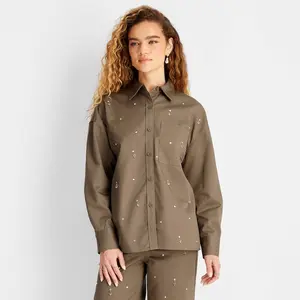 Women's Holiday Embellished Twill Shacket - Future Collective