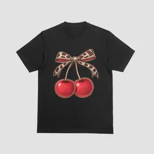 Leopard Bow Cherries T-Shirt | Cute Retro Cherry Graphic Tee for Women