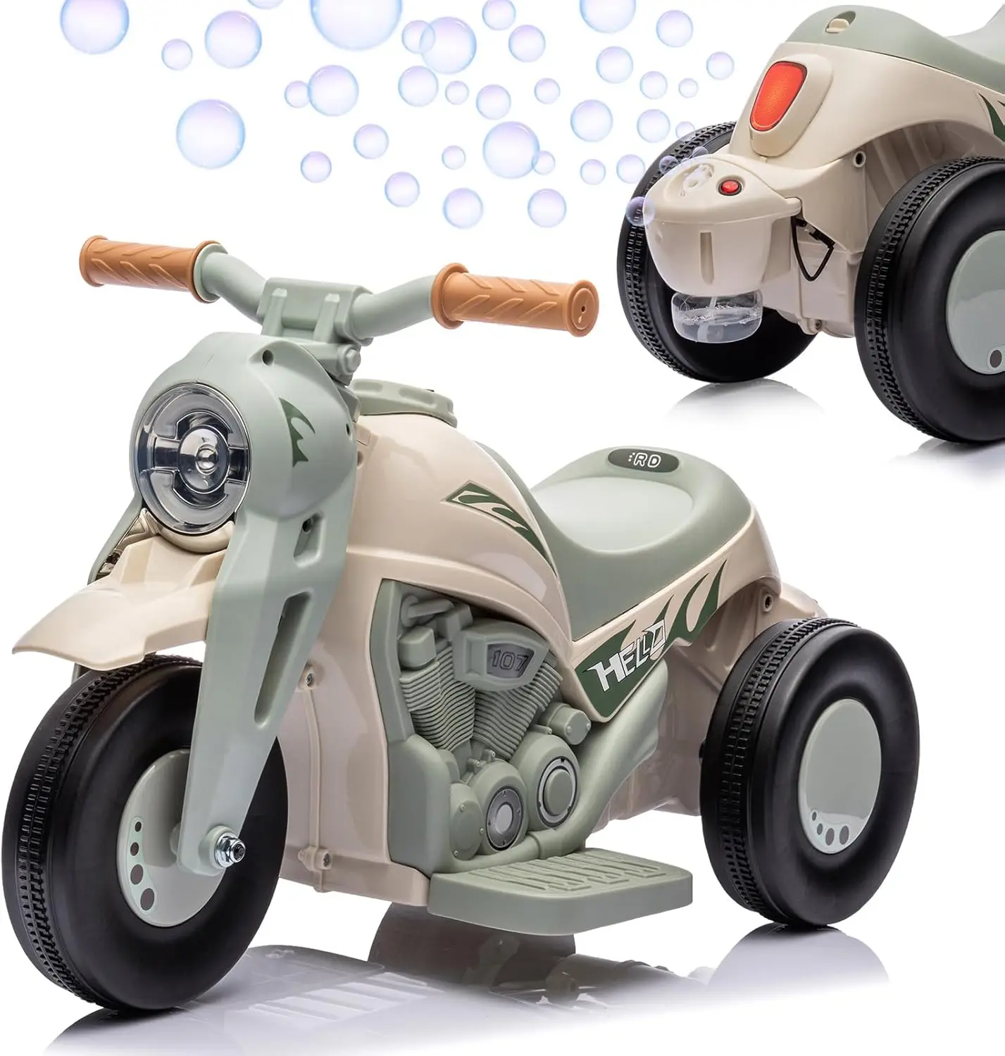 6V Kids' 3-Wheeler Bubble Motorcycle Ride-On Toy - Beige Tricycle with 2x50W Motors, 3-Speed Settings, Low Profile Design, Bubble Maker, Lights & Sound, Remote Control, Horn, Decals, Aerodynamic Lines, Slick Tires, Battery, Ideal Birthday Gift for Kids, B