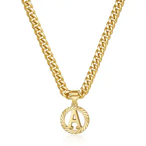 KissYan Gold Initial Necklace,14K Gold Plated Round Letter Pendant Hollow Capital Monogram 5mm Cuban Chain Necklace Alhpabets from A-Z Dainty Jewelry for Women Men Valentine's Day Gifts