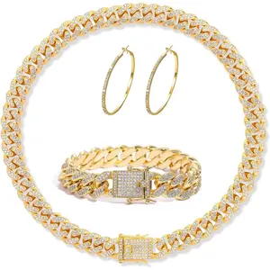 13mm Round Chain Diamond-filled Alloy Necklace For Men And Women, Trendy Personality Hip-hop Cuban Set