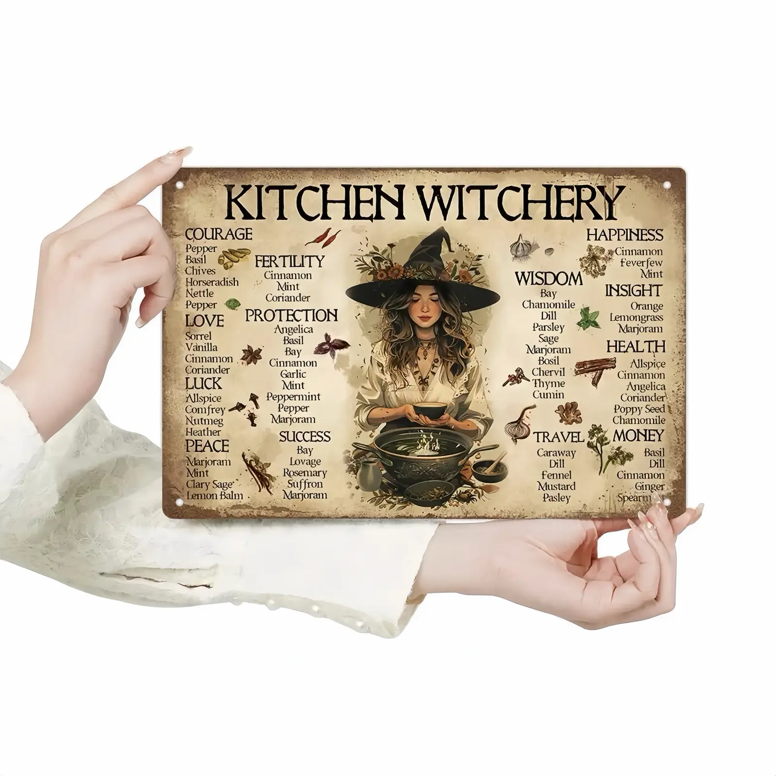 8x12 in Rectangle Vintage Metal "Kitchen Witchery" Wall Plaque - Retro Witch Herb Home Supplies, Rustic Daily Decor for Kitchen, Pagan Wicca Themed Universal Sign