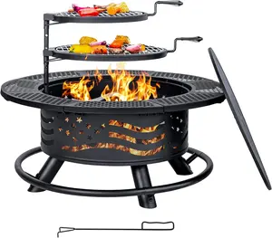 36/42/47 Inch Fire Pit with 2 Cooking Grates, Outdoor Wood Burning BBQ Grill Firepit Bowl with Cover Lid, Steel Round Table for Backyard Bonfire Patio Picnic