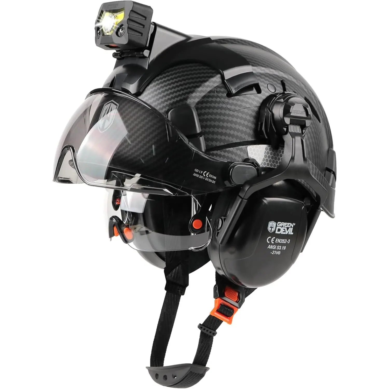 ANSI Z89.1 Vented Hard Safety Helmet - 6-Point Suspension System, Headlamp, Visor, Ear Protection Muffs, 53-63cm/20.86-24.80 Inch Fit for Scaffolding, Mechanics, Industrial Construction Work