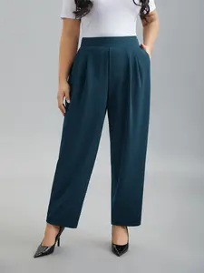 【Summer Turn-Up】BlOOMCHIC Plus Size Stretchy-Waist Straight Leg Pants Pocket Black Minimalist Workwear Essential Mid Rise All Seasons Full Length Fitted Slanted Pocket [M-6X] 2026 Summer Pick for Mother's Day