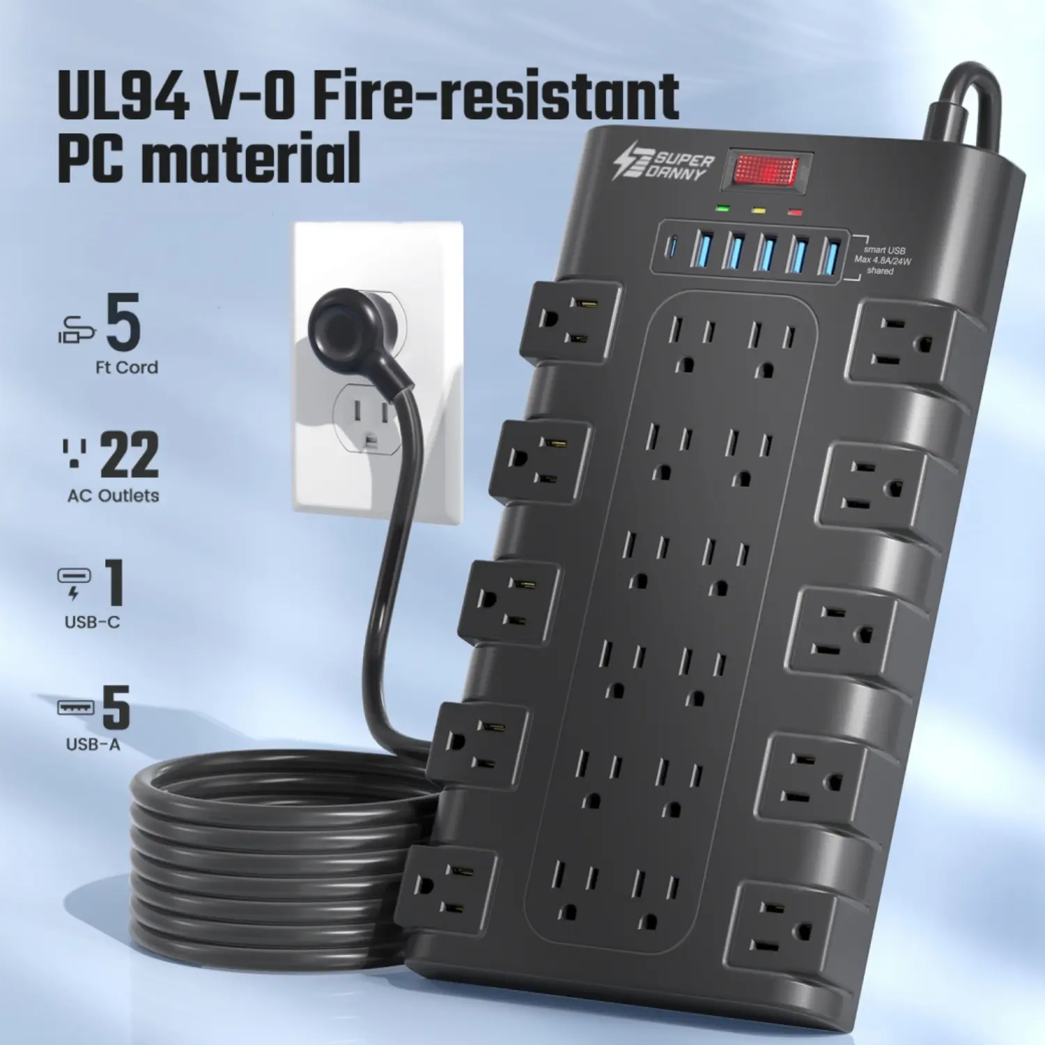 SUPERDANNY Extension Cord 5/7/13 Ft, Surge Protector Power Strip with 6 USB Charging Ports(24W/4.8A) and 22 AC Outlets(1875W/15A), 2100 Joules, Flat Plug Power Outlet, Wall Mount, Switch, Overload Protection for Home, Office, Dorm, Gaming Room, Black