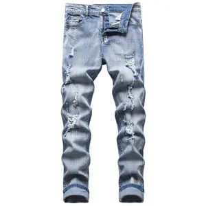 JUNBAOSS Men's Slim Fit Stretch Jeans Ripped Skinny Jeans for Men, Distressed Straight Leg Fashion Casual Popular Chic Comfort Flex Waist Denim Pants, Menswear Classic Street Style Cotton Fabric Jean Natural Hipster Personalized Stylish Jeans with Pockets