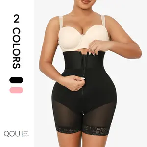 QOU High-Waisted Body Sculpting Short Outfit Shapewear Basic Womenswear Minimalist Casual Plus Size Clothing Slip Black Fabric Bottom Slim Zipper Seamless Elastic Lace Trim
