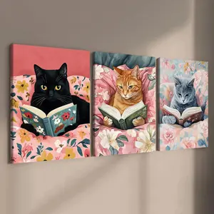 Cat Reading Book Pattern Canvas Painting with Frame, 3 Counts/set Colorful Animal Reading, Wall Decor for Home Living Room Bedroom Office Hanging Wall Art, Wall Decoration