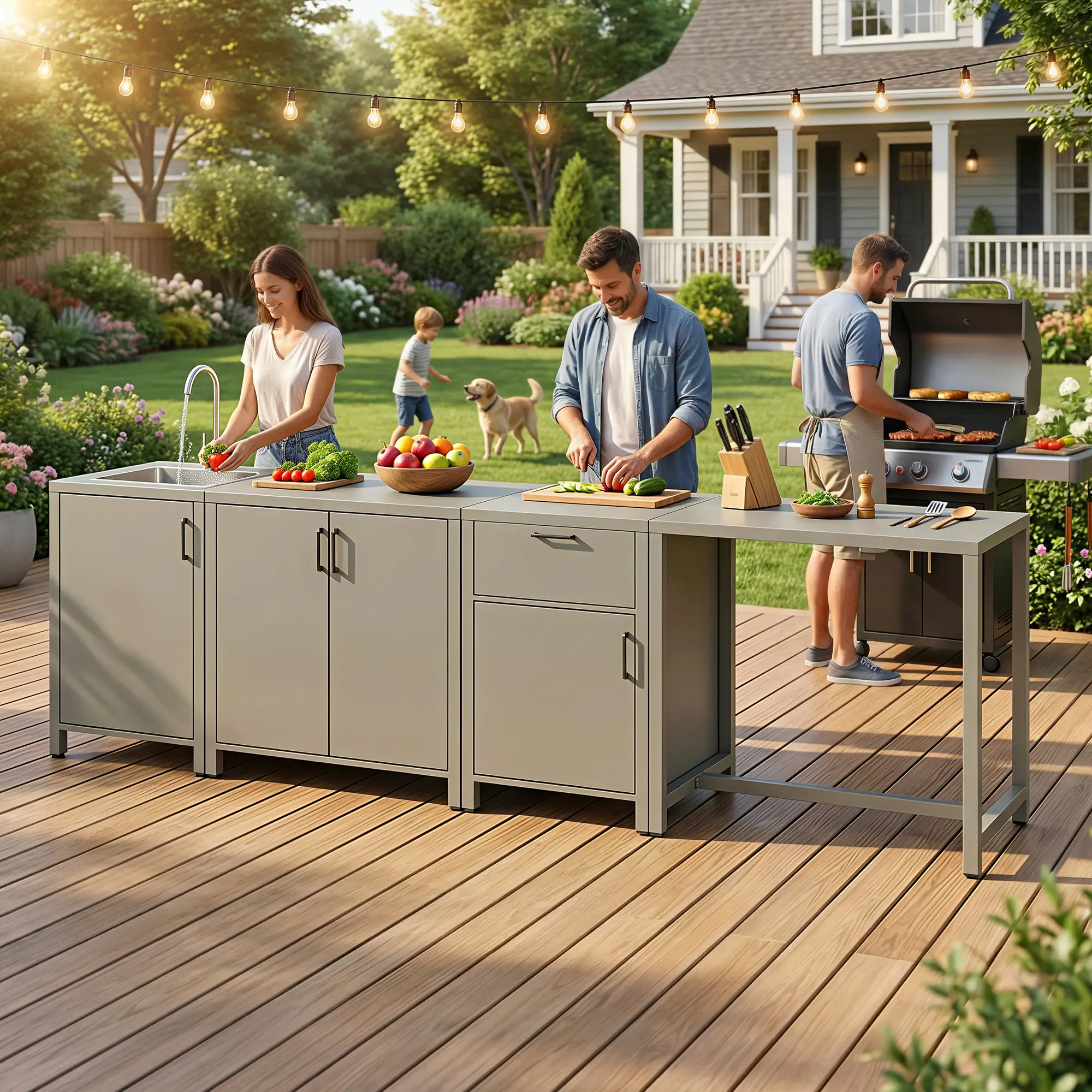 RoyalCraft L Outdoor Storage Cabinet with Stainless Steel Sink, Aluminum Modular Outdoor Kitchen, All Weather Kitchen Island with Storage, Drawers & Bar Table for BBQ, Porch, Backyard