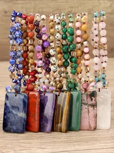 Bohemian Style Natural Stone Crystal Gemstone Rectangular Pendant Design Long Necklace, Fashionable Versatile Women's Jewelry, Handmade Knotted 8mm Beads Sweater Chain, Perfect Gift Available in 7 colors