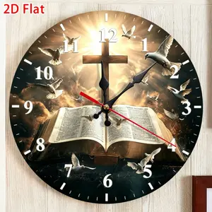 29.97cm Silent Wooden Round Wall Clock, Home Decoration, Bible Cross and Dove Design, Christian Theme Decor, Ideal Christmas Gift, Battery Not Included