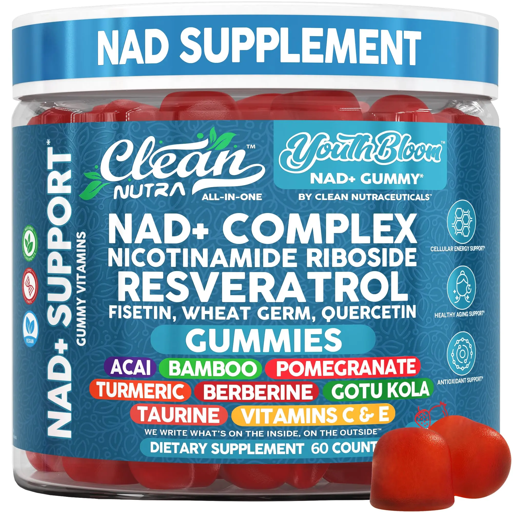 Clean Nutra NAD+ Complex, Nicotinamide Riboside, Resveratrol, Fisetin, Wheat Germ, Quercetin, Sea Moss, & Vitamin C All-In-One Gummy for Radiant Wellness - Youth Bloom