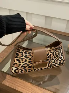 Leopard Print Fashion Trendy Bowknot Decorative Shoulder Bag, Stylish High-End Commuter Backpack, Unique Personality Design