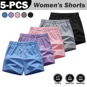 Summer essential women's shorts 5-piece set, ice silk cool touch, quick-dry, breathable, loose-fitting sports shorts
