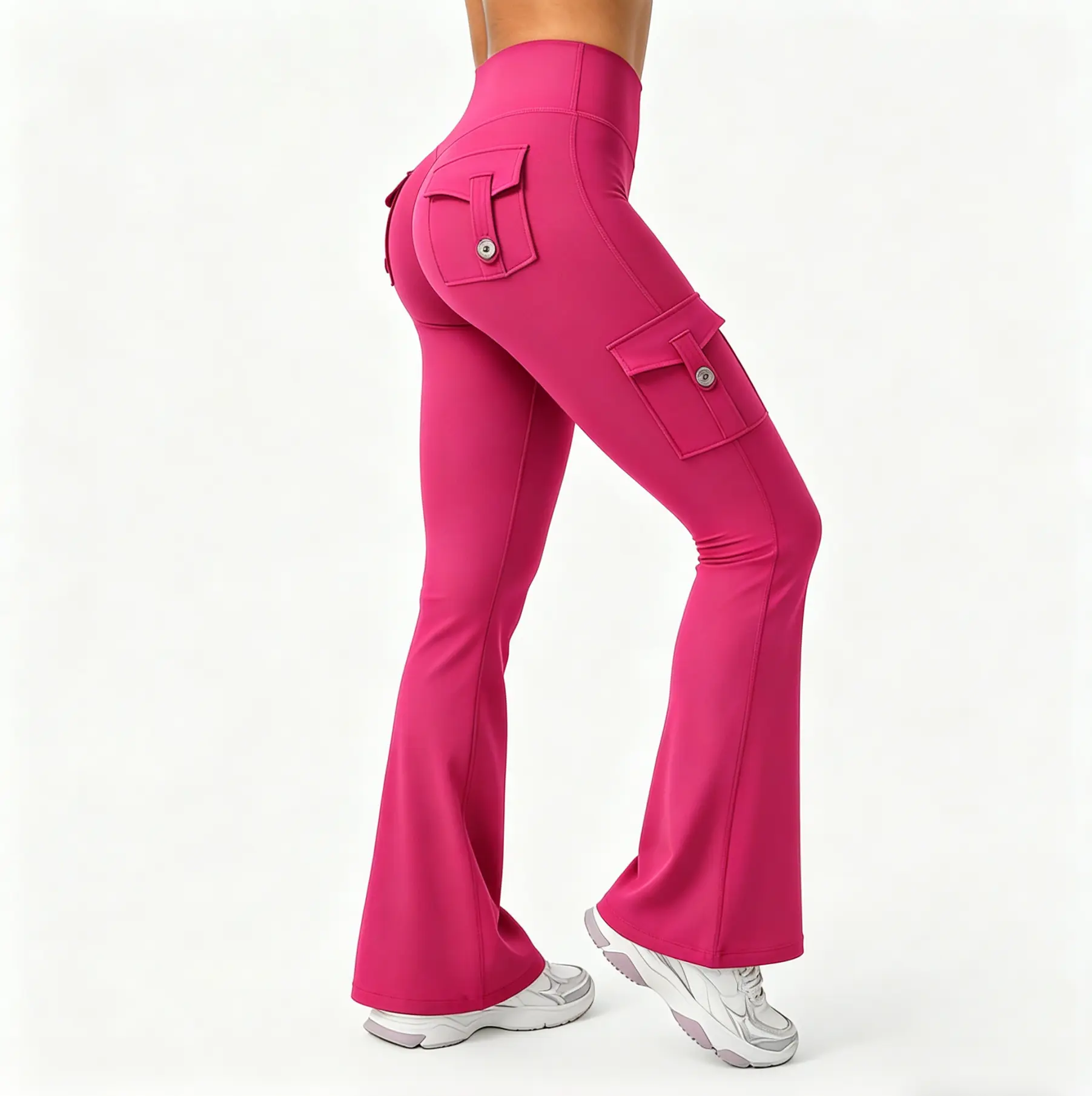 High Rise Tummy Shaping Flared Yoga Pants with Pockets Seamless Butt Lifting Cargo Workout Leggings