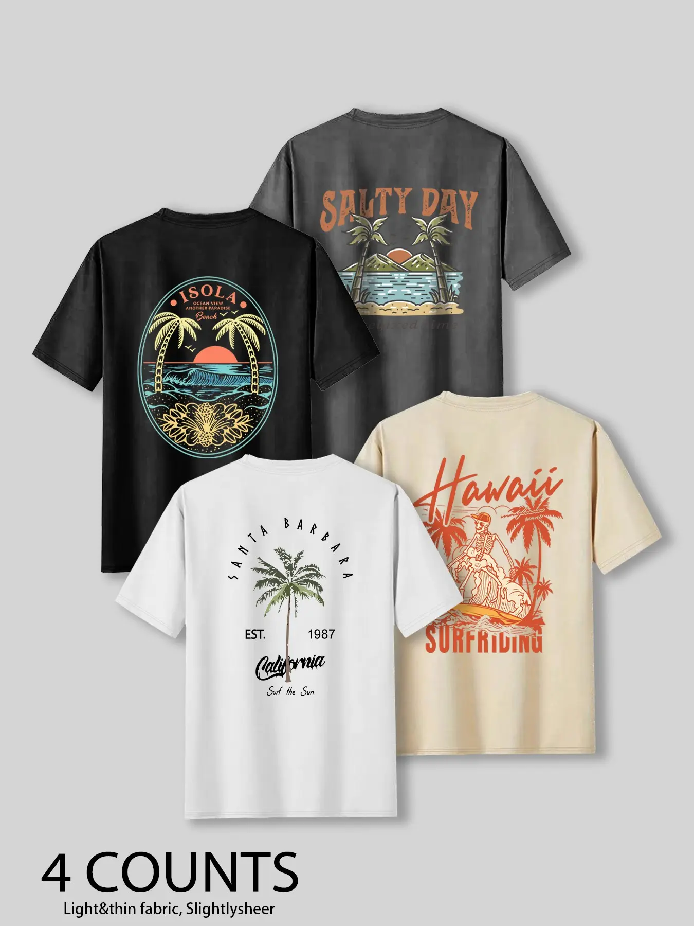 4-Pack Summer Casual Classic Tropical Graphic T-Shirts, Unisex Round Neck Short Sleeve, Perfect for Daily Wear, Gym, Vacation, Casual Summer Clothing
