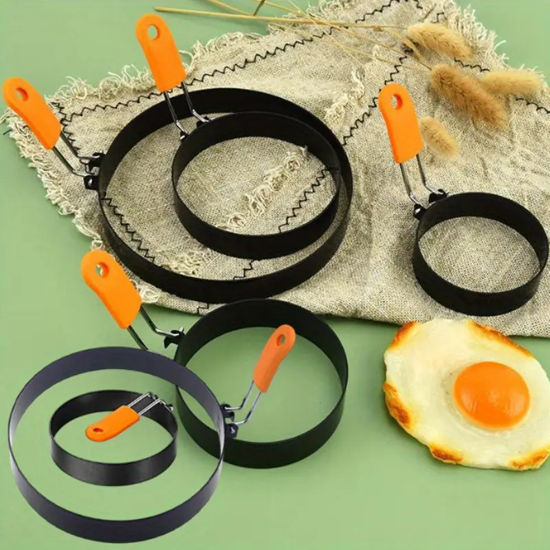 6PCS Professional Egg Ring Pancake Ring Set Stainless Steel Fried Egg Molds Griddle Pancake Shapers with Orange Silicone Handle for Breakfast Omelette Sandwich(4, 6 Inch)