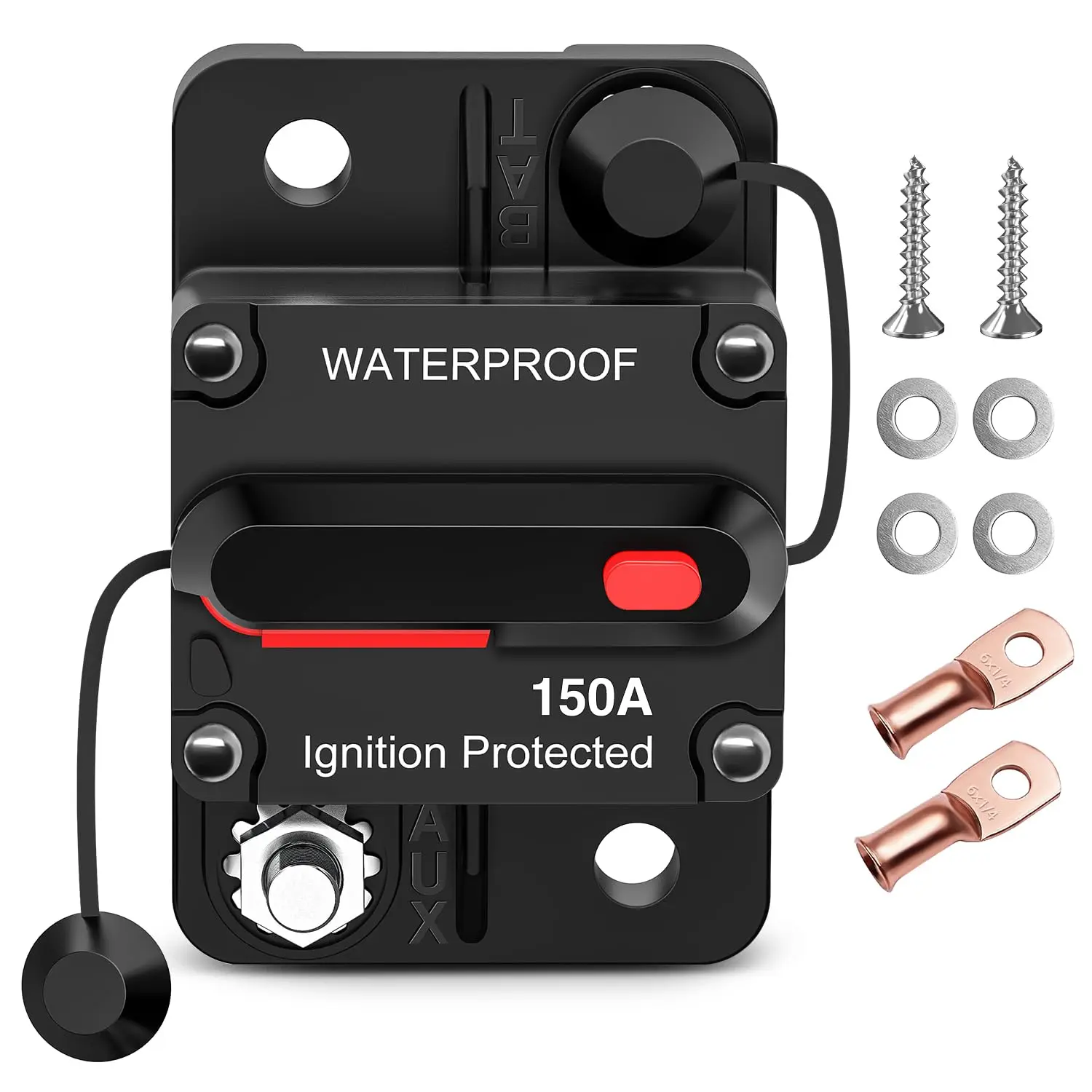 Nilight 150A Resettable Circuit Breaker with Reset Button, 12-48V DC Manual Reset, 2 Copper Wire Lugs, 2 Hex Screws, Surface Mount Overload Protection for Boat, ATV, RV, Transportation Equipment, Car Audio Amplifier